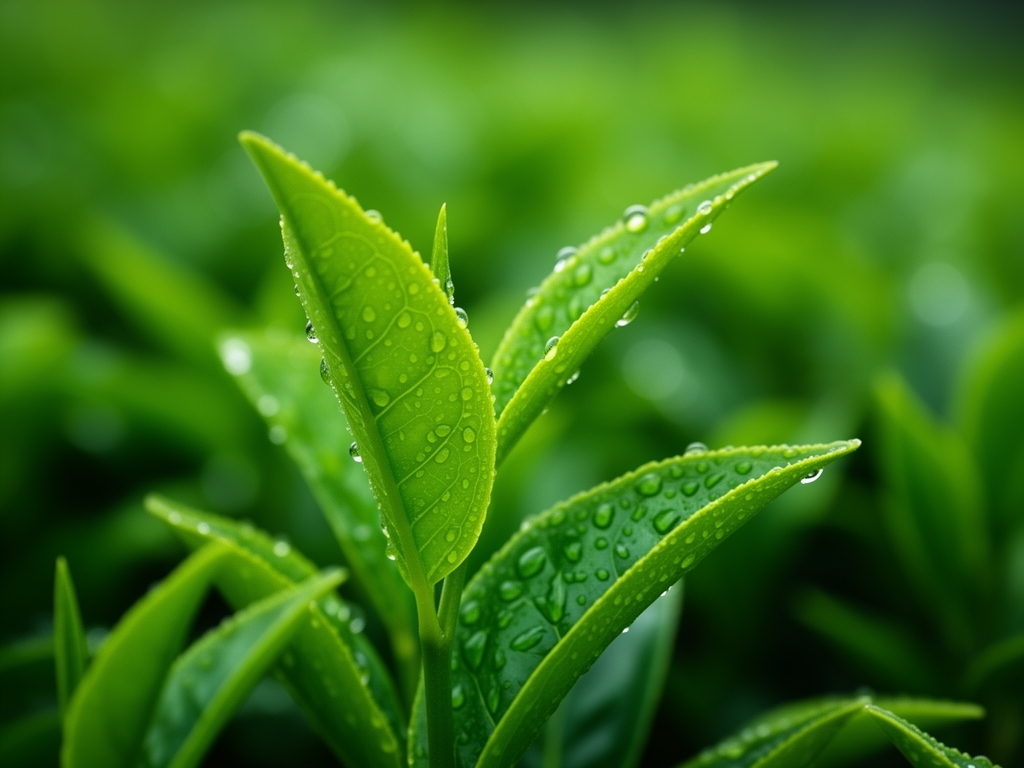 Feuilles de thé vert fraîches avec des gouttes de rosée matinale sur fond naturel bokeh vert profond