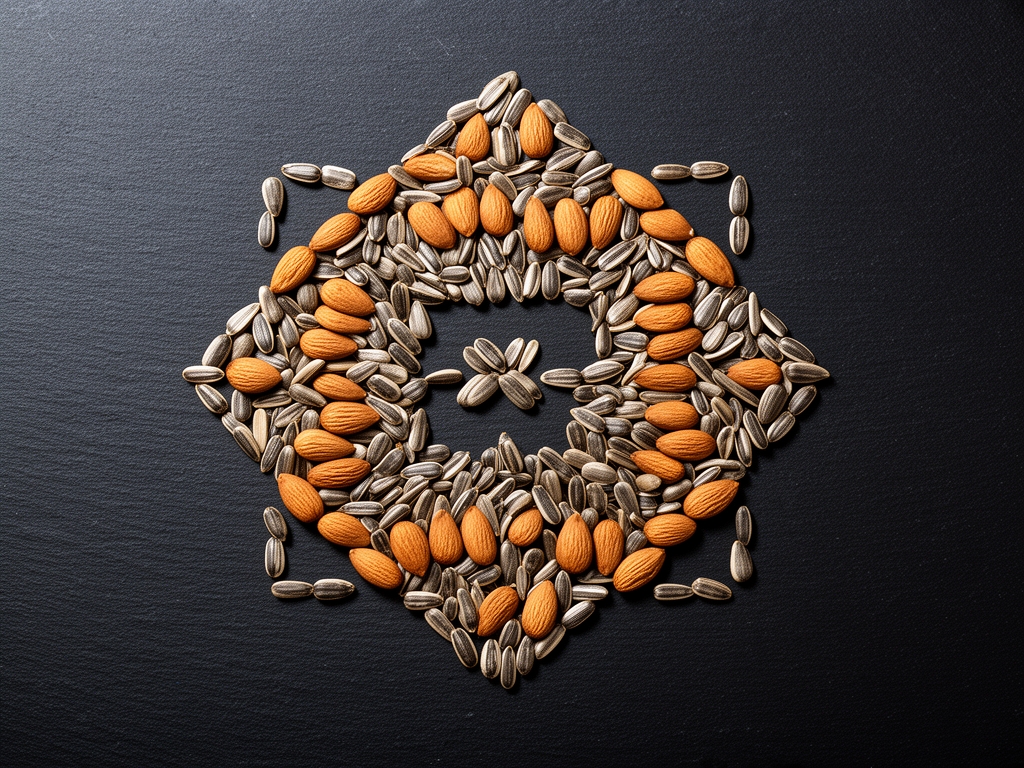 Graines de tournesol et amandes disposées en motifs géométriques sur une ardoise noire, photographie minimaliste