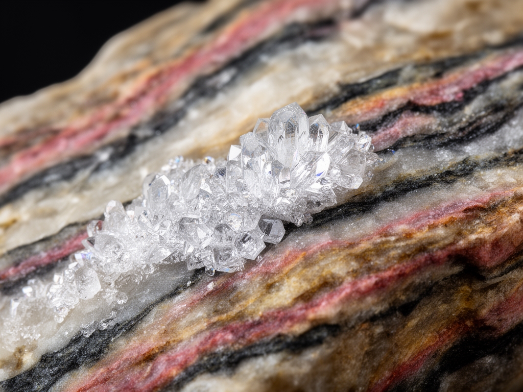 Surface de roche minérale avec cristaux naturels brillants et veines colorées dans la pierre, éclairage macro