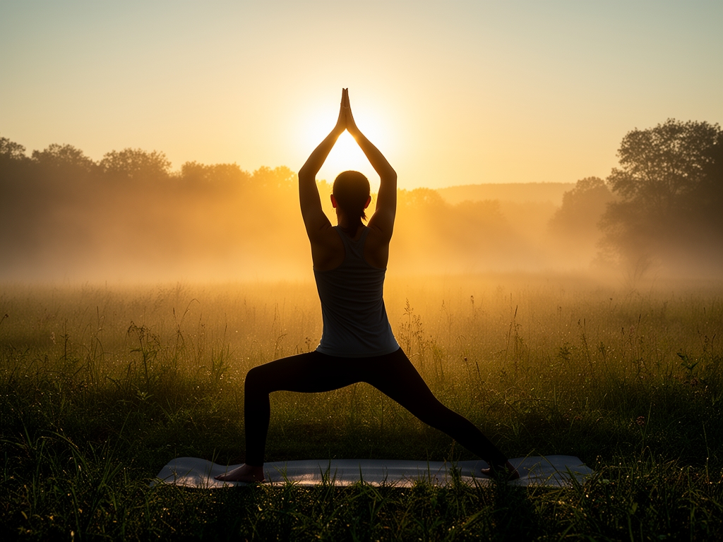 Personne pratiquant le yoga au lever du soleil dans un environnement naturel verdoyant, silhouette en contre-jour avec lumière dorée et brume matinale