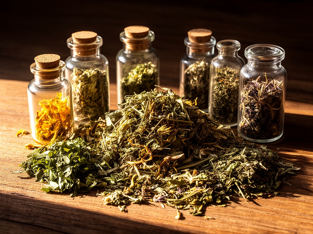 Plantes médicinales séchées et extraits botaniques dans des flacons en verre sur une surface en bois, lumière naturelle chaude et ombres profondes