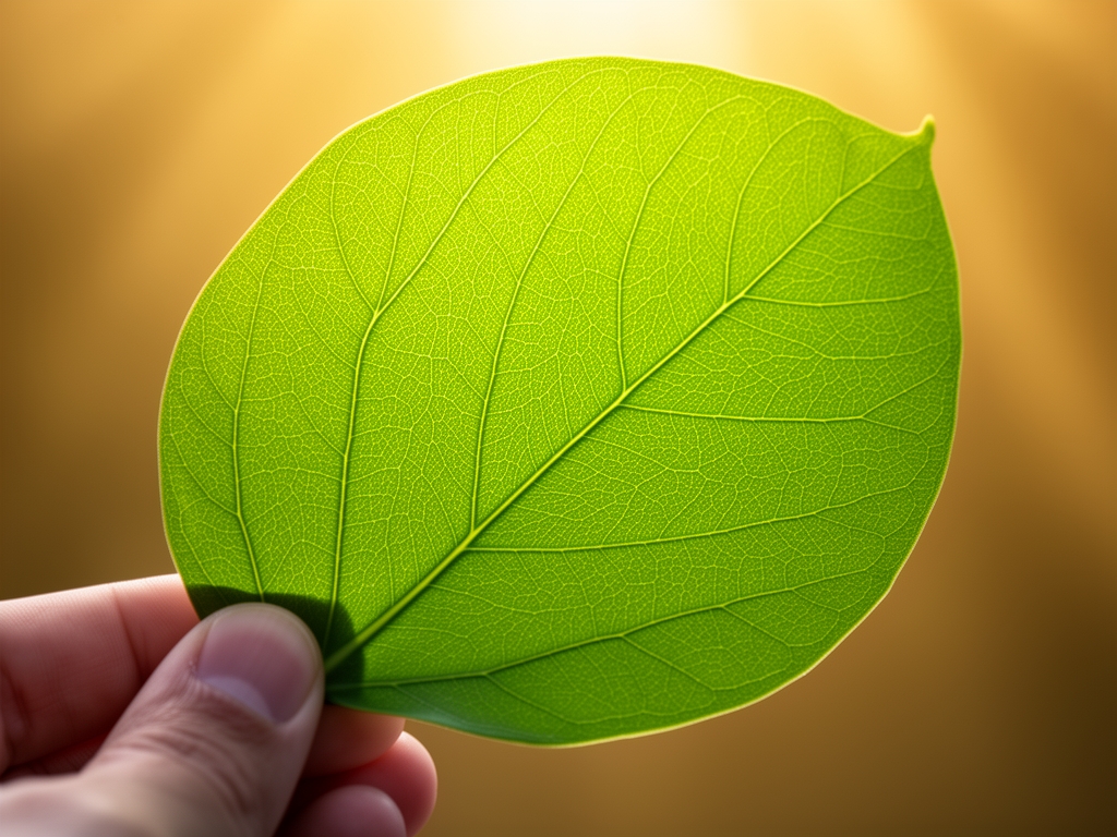 Mains tenant une feuille verte translucide avec des veines visibles, lumière dorée en arrière-plan, texture botanique détaillée