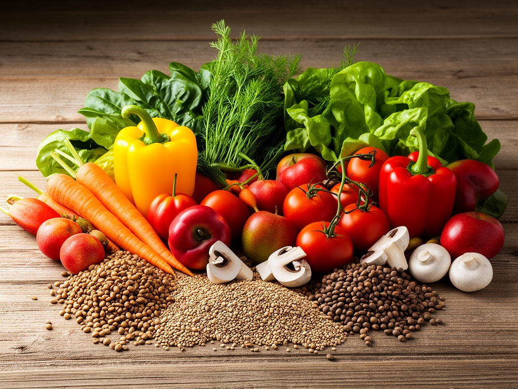 Composition de légumes frais colorés et de graines sur une table en bois naturel, photographie alimentaire naturelle avec lumière directionnelle