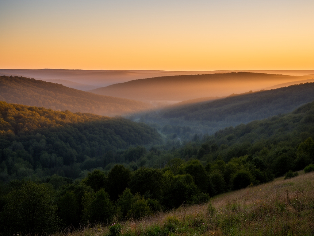 Paysage naturel paisible au crépuscule avec une lumière ambrée douce sur des collines boisées, atmosphère calme et contemplative